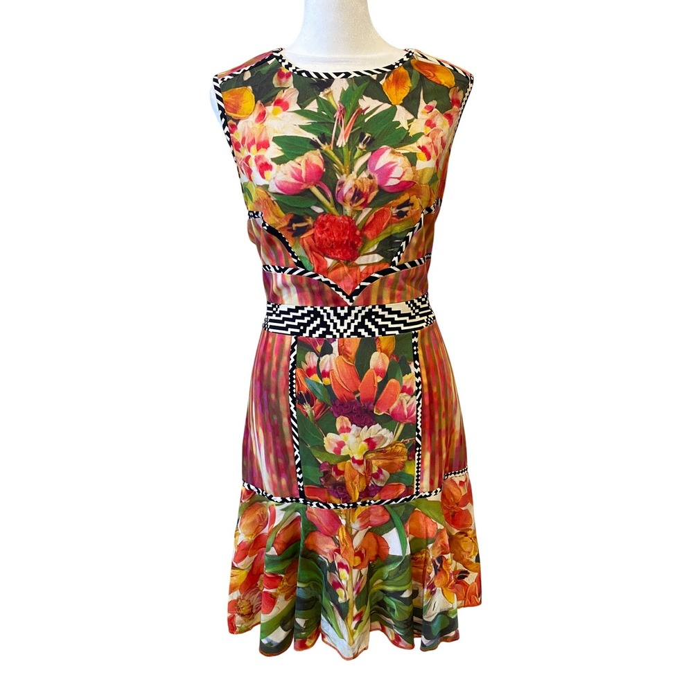 Artelier Nicole Miller Dress Size 2 Multicolor Silk Blend Floral Tropical Resort